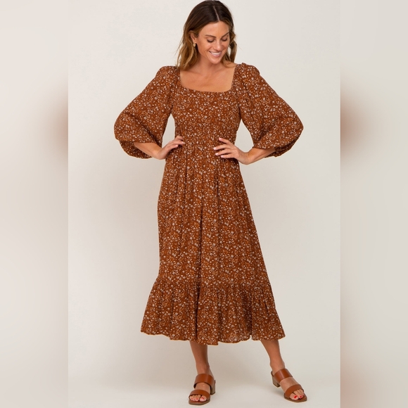 Pink Blush Camel Floral 3/4 Sleeve Midi Dress Medium New With Tag - Picture 2 of 5